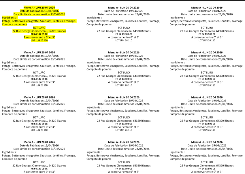 Étiquettes détaillées générées automatiquement avec ingrédients, DLC et informations complètes